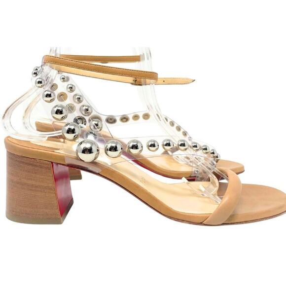 NEW Christian Louboutin Shoes Heels Sandals Corinne 55 Beige Stud Nude 39.5 - Picture 5 of 9